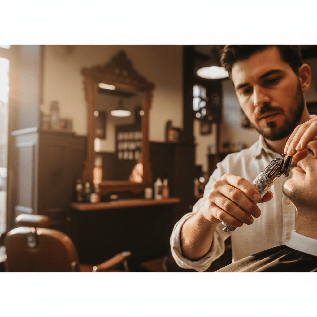 Barber trimming client's neckline with precision clippers