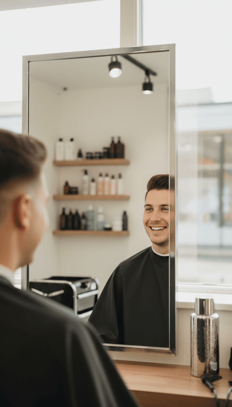 Customer admiring their finished haircut in the barbershop mirror